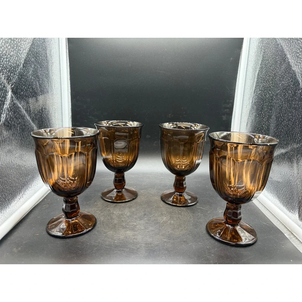 Libbey Cavalcade Amber Brown Glass Goblets Set 4 Vintage Footed Water Wine 5.5
